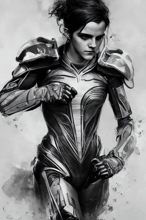 Prompt: emma watson portrait futuristic fractal fightsuit gaston bussiere craig mullins j. c. leyendecker short wet hair richard avedon peter lindbergh monochrome studio lighting