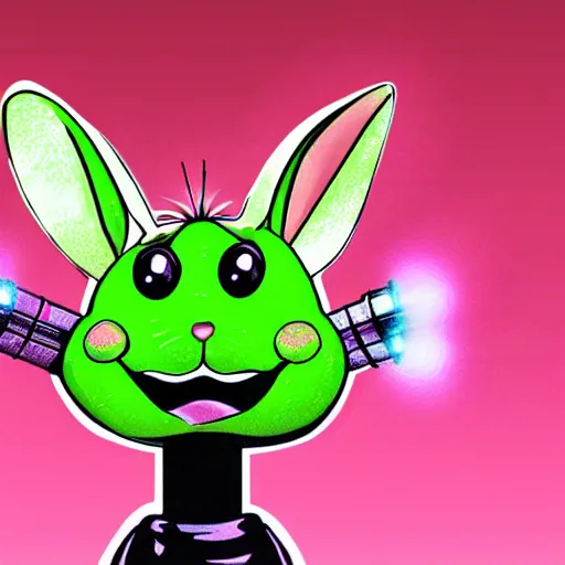 Image similar to a rabbit singing into a microphone, green and pink and red lights, photorealistic