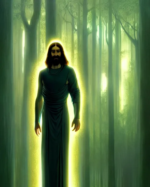 Image similar to tron legacy jesus performing miracles for a crowd in an ancient forest, face, diffuse lighting, hyper realistic, concept art, intricate, hyper detailed, smooth, sharp focus, illustration, artstation, art by greg rutkowski and james gurney and alphonse mucha