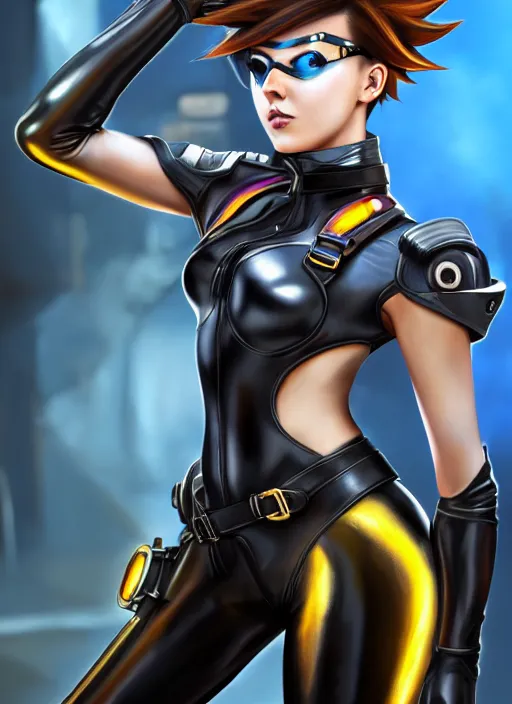 Image similar to oil painting digital artwork of tracer overwatch, confident pose, wearing black iridescent rainbow latex, 4 k, expressive happy smug expression, makeup, in style of mark arian, wearing leather collar, wearing sleek armor, black leather harness, expressive detailed face and eyes,