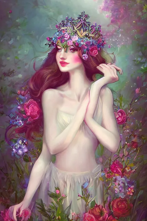 Prompt: a beautiful elegant sexy fairy with a crown of flowers by charlie bowater, pretty, gorgeous, colorful, full body, highly detailed