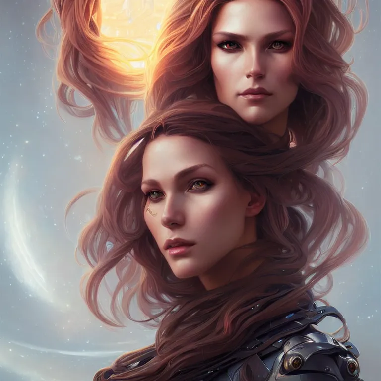 Image similar to futuristic woman portrait, sci-fi, amber eyes, face, long hair, fantasy, intricate, elegant, highly detailed, digital painting, artstation, concept art, smooth, sharp focus, illustration, art by artgerm and greg rutkowski and alphonse mucha