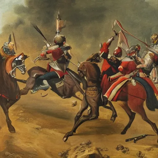 Prompt: a medieval knight charging napoleonic soldiers