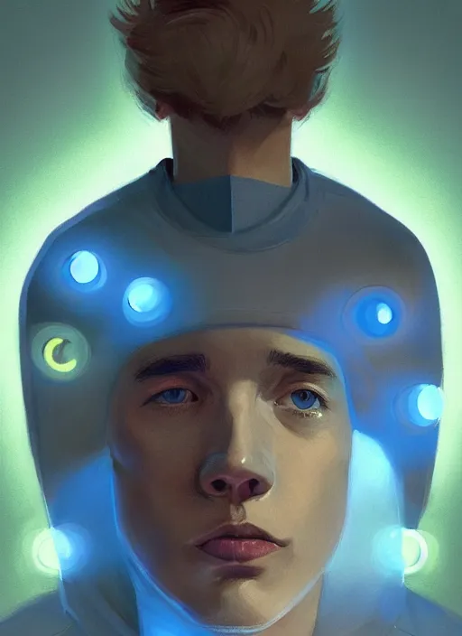 Image similar to portrait of high school senior boy named big moose, blonde short hair, jock, beefy, wide face, square jaw, square facial structure, blue varsity jacket with letter r, intricate, elegant, glowing lights, highly detailed, digital painting, artstation, concept art, sharp focus, illustration, art by wlop, mars ravelo and greg rutkowski