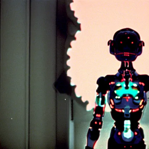 Image similar to movie still of a cyborg evangelion, cinematic composition, cinematic light, warm lighting criterion collection, by edgar allan poe