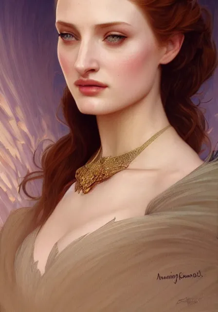 Image similar to sansa angeline jolie gessica chastain, intricate, elegant, highly detailed, digital painting, artstation, concept art, smooth, sharp focus, illustration, art by artgerm and greg rutkowski and alphonse mucha and william - adolphe bouguereau