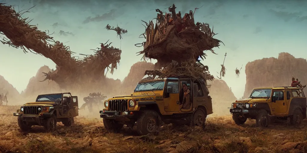 Image similar to Mahindra thar, tribe members attacking, action scene, an epic fantasy, dramatic lighting, cinematic, establishing shot, extremely high detail, photorealistic, cinematic lighting, artstation, octane render, by simon stalenhag, shadow of the tomb rider