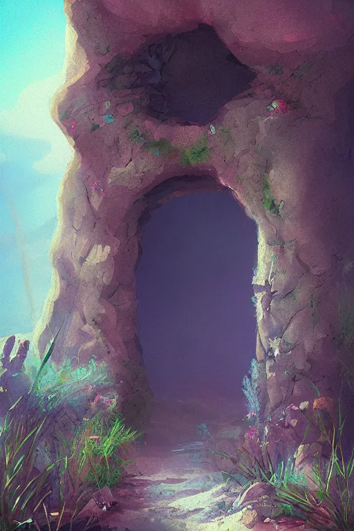 Prompt: digital painting of a doorway in a desert that leads to a secret garden, concept art, artstation, fantasy, fantasy aesthetic, fantasy vibe, colorful, faded effect, artstation, trending, detailed, small details, scenery,