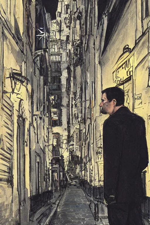 Prompt: in the foreground a Parisian street, in the background a dark-haired man from behind wearing a long matrix style jacket and starting to fly away, realistic, high definition, great detail, dramatic scene, detailed and realistic hands, symmetrical face, realistic eyes, art of dave gibbons