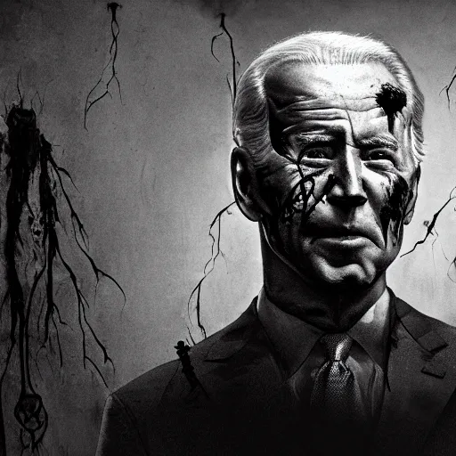 Image similar to joe biden as a rotting zombie, full body portrait, in a front of podeum, horror core, apocalyptic, feeling of grimdark, sharp focus, fiction, hyper detailed, digital art, trending in artstation, cinematic lighting, studio quality, smooth render, unreal engine 5 rendered, octane rendered, art style and nixeu and wlop and krenz cushart