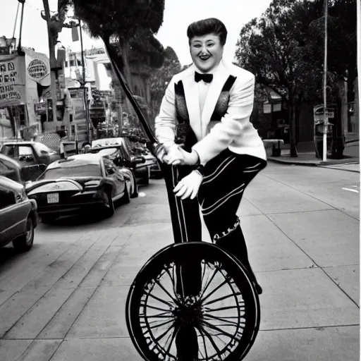 Image similar to a photo of liberace on a unicycle, san francisco