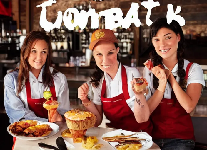 Prompt: Tomboy Outback, the new restaurant where all the waitresses are cute tomboys. Promotional poster