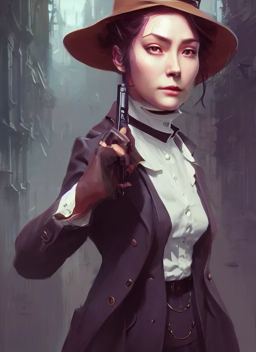 Image similar to character concept art of a female victorian detective, key visual, realistic shaded perfect face, fine details, dystopian environment and background, by stanley artgerm lau, wlop, rossdraws, james jean, andrei riabovitchev, marc simonetti, and sakimichan, trending on artstation