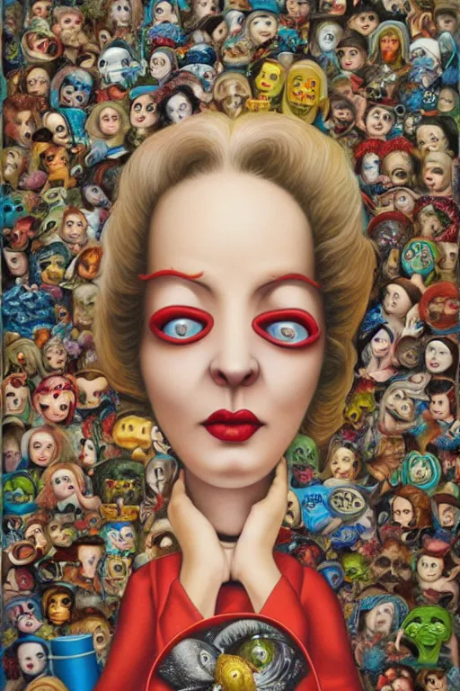 Image similar to a woman with many eyes using her head to catch trash Mark Ryden and Alex Gross, Todd Schorr highly detailed