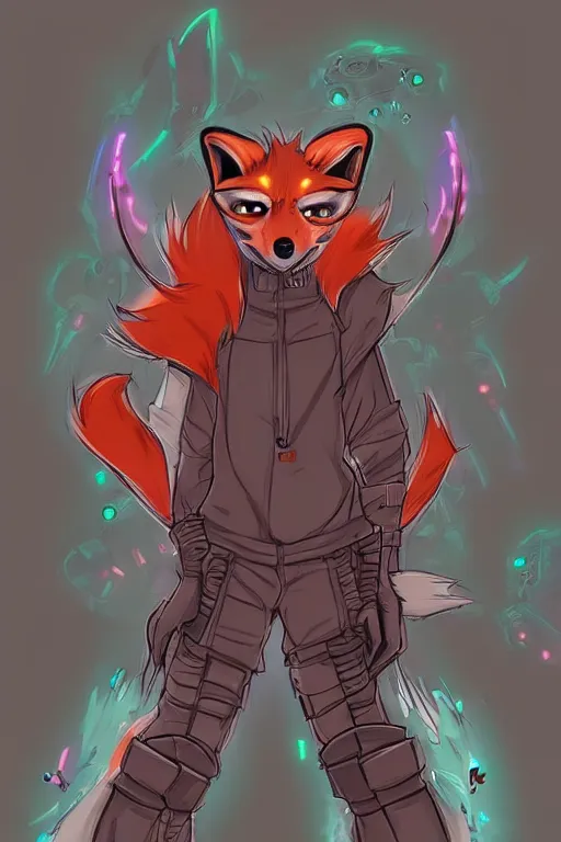 Image similar to a cyberpunk anthropomorphic fox with a fluffy tail, comic art, trending on furaffinity, cartoon, kawaii, backlighting, furry art!!!, neon, concept art