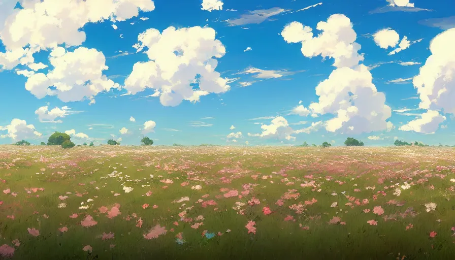 Prompt: a field of beautiful flowers, fluffy white clouds in the blue sky on a beautiful windy day, trending on pixiv fanbox, painted by greg rutkowski makoto shinkai takashi takeuchi studio ghibli