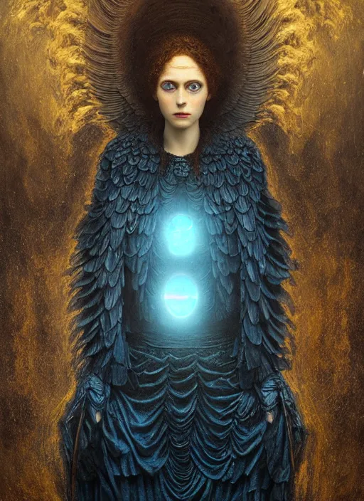 Prompt: Her huge ominous glowing blue eyes staring into my soul , perfect eyes, agostino arrivabene, WLOP, Tomasz strzalkowski, twisted dark lucid dream, 8k portrait render, raven angel wings, beautiful lighting, dark fantasy art, rococo, gold filigree, cgsociety