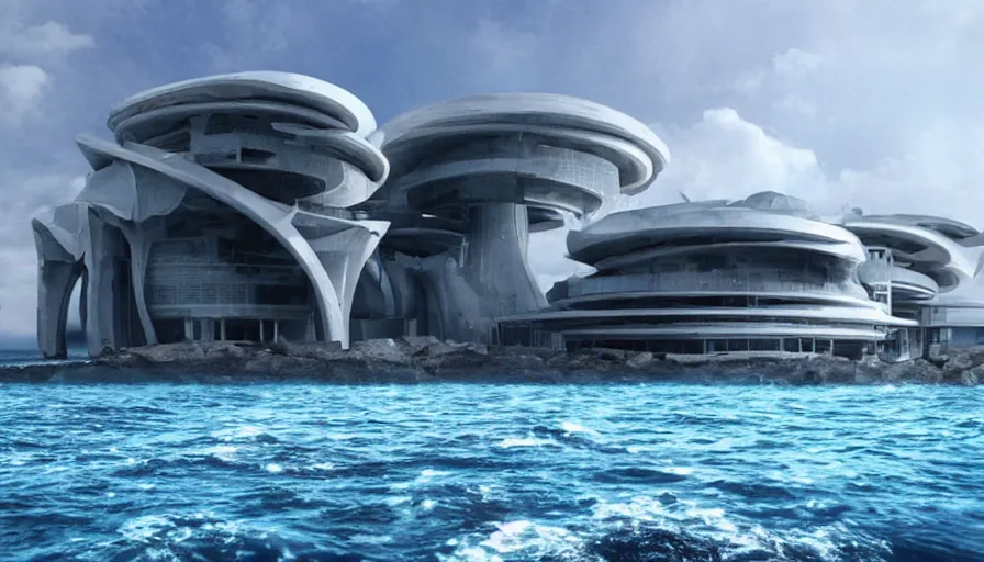 Image similar to Big budget movie, a futuristic building under the ocean