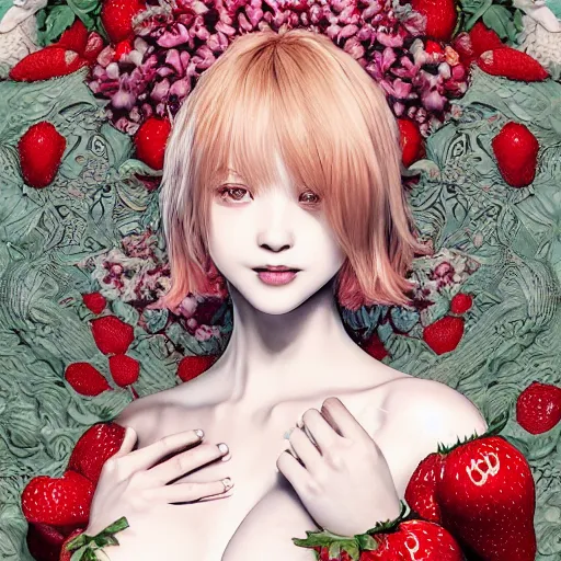 Image similar to the portrait of an absurdly beautiful, graceful, elegant, sophisticated, fashionable young gravure idol made of strawberries and white petals, an ultrafine hyperdetailed illustration by kim jung gi, irakli nadar, intricate linework, bright colors, octopath traveler, final fantasy, unreal engine 5 highly rendered, global illumination, radiant light, detailed and intricate environment