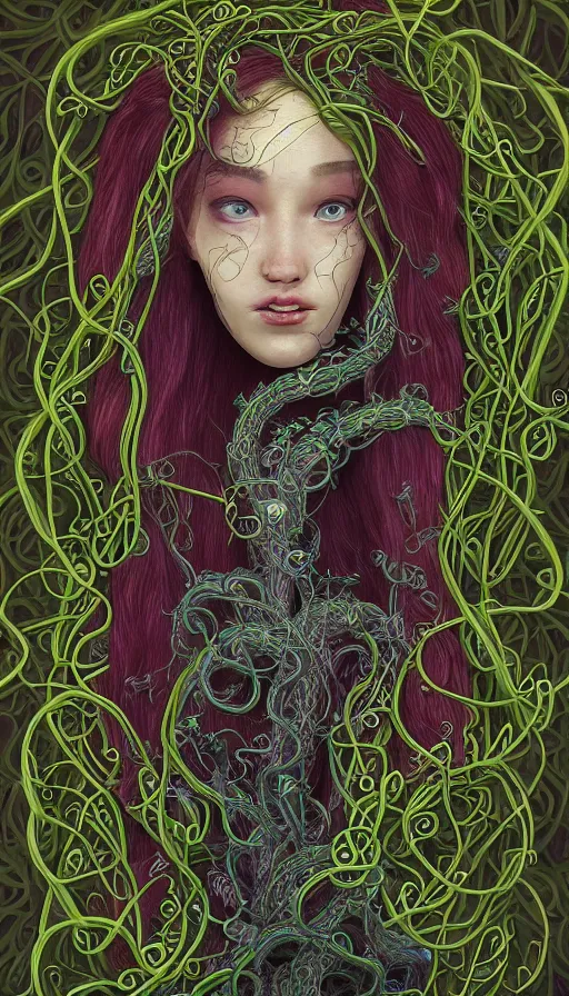 Image similar to very detailed portrait of a 2 0 years old girl surrounded by tentacles, the youg woman visage is blooming from fractal and vines, by pixar concept artists