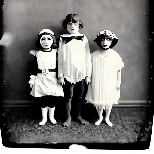 Image similar to Kids in vintage Halloween costumes, photo taken on an old box camera, black and white, film grain, 1920s, Daguerreotype, old photo, detailed, grotesque