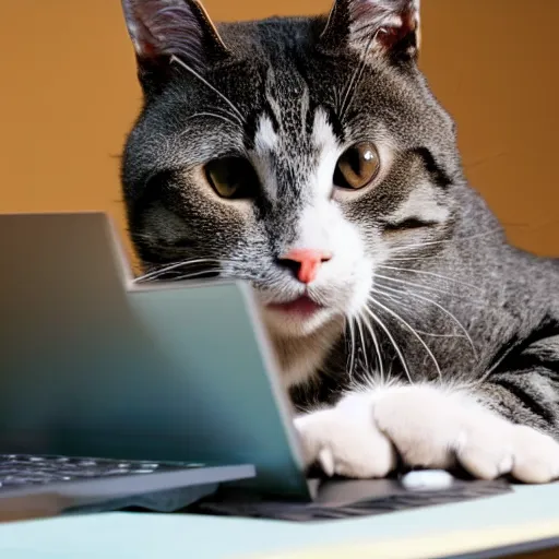 Image similar to an anthropomorphic cat looking up cat videos on a computer using mouse with paw, 85mm f1.8