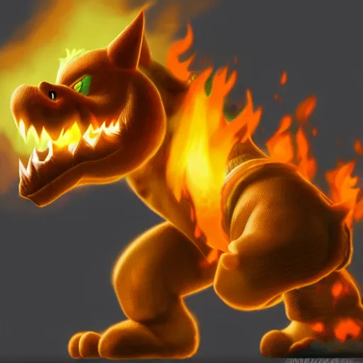 Prompt: A Realistic Bowser From Super Mario Bros, 8k, HD, Photorealistic, Flames