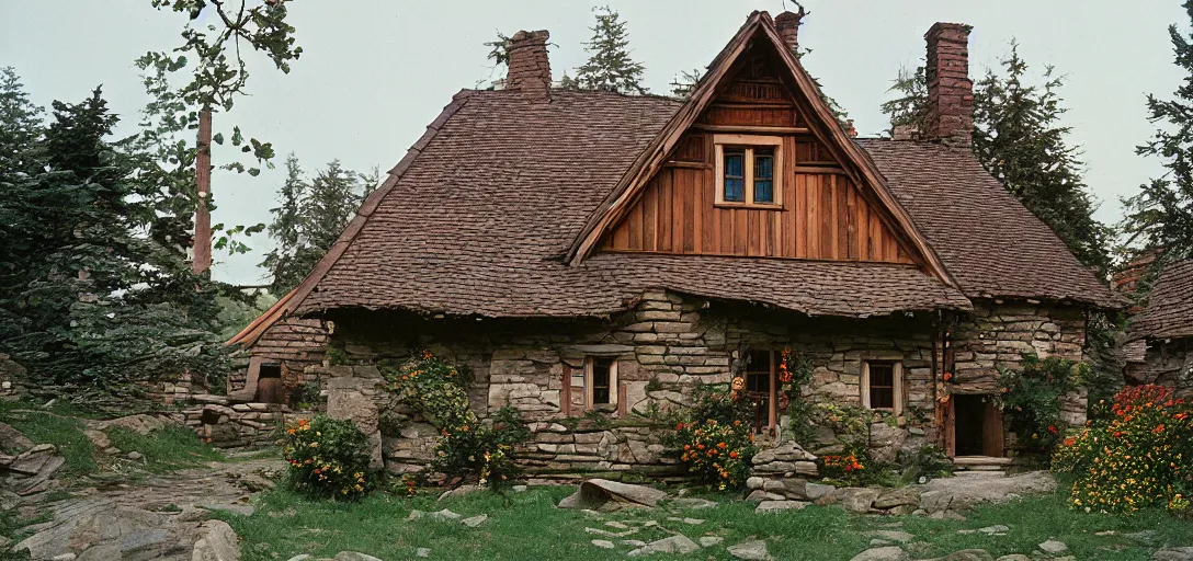 Prompt: house in carpathian vernacular style. outdoor landscaping designed by frederick law olmsted. fujinon premista 1 9 - 4 5 mm t 2. 9. portra 8 0 0.