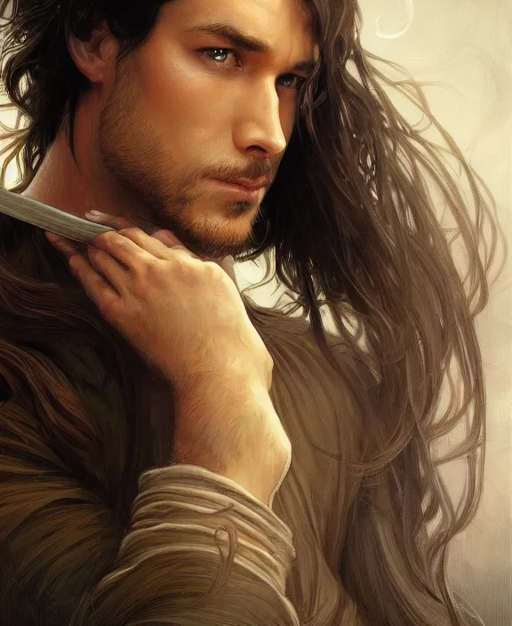 Image similar to portrait close up of guy, concentrated look, symmetry, long hair. d & d, fantasy, intricate, elegant, highly detailed, digital painting, artstation, concept art, art by artgerm and greg rutkowski and alphonse mucha, boris vallejo