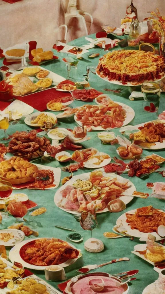 Image similar to 1 9 6 0 s food magazine photo of a lavish spread of disgusting and strange party foods, on a velvet table cloth, soft focus