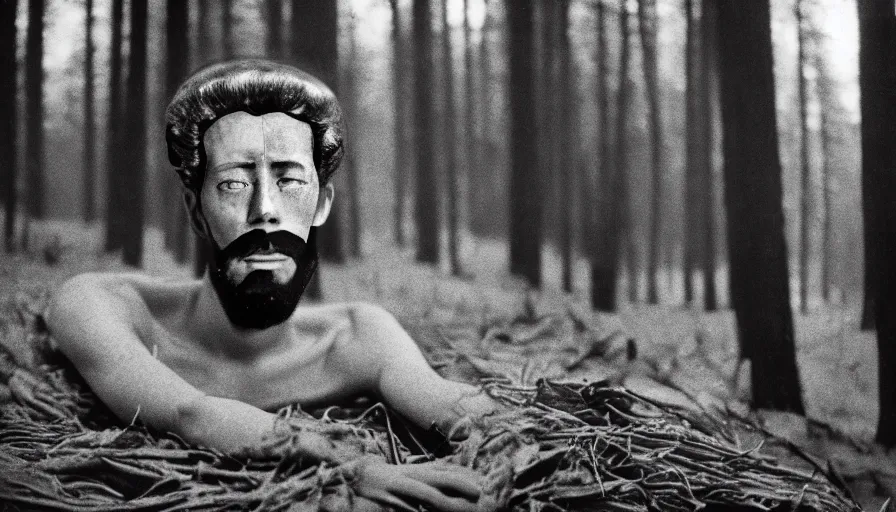 Image similar to 1 9 6 0 s movie still close up of a skinny emperor marcus aurelius with frozen face, laying down on the danube's shore pine forests, cinestill 8 0 0 t 3 5 mm b & w, high quality, heavy grain, high detail, cinematic composition, dramatic light, anamorphic, hyperrealistic, very foggy, by irving penn