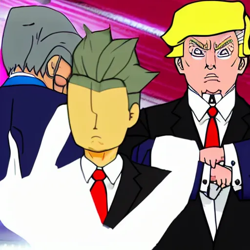 Image similar to donald trump being judged in phoenix wright, ace attorney, 4 k, high quality