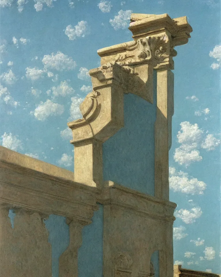 Image similar to achingly beautiful painting of a roman pediment on baby blue background by rene magritte, monet, and turner. piranesi.