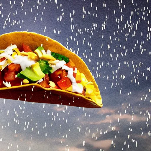 Image similar to a comically large taco falling from the sky onto a town