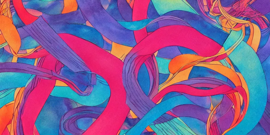 Prompt: abstract ribbons, flames, illustration, watercolor, pastel colors, Japanese woodcuts, Louise Zhang, James Jean, trending on artstation, 80's airbrush, 90's design