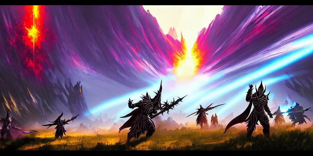 Image similar to guild wars 2, cinematic battlefield, god rays, digital art, high detail by Dan mumford