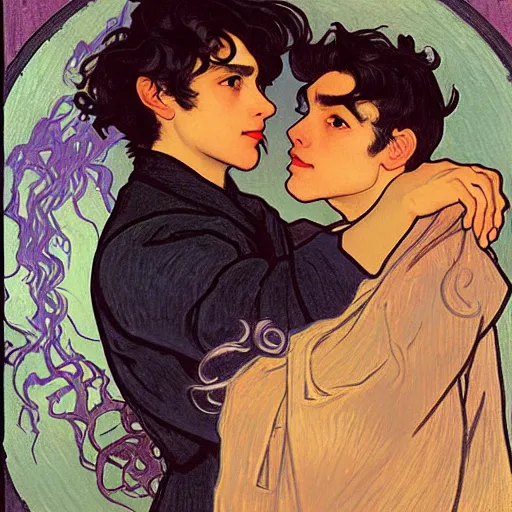 Image similar to painting of young cute handsome beautiful dark medium wavy hair man in his 2 0 s named shadow taehyung and cute handsome beautiful min - jun together at the halloween! party, bubbling cauldron!, candles!, smoke, autumn! colors, elegant, wearing suits!, delicate facial features, art by alphonse mucha, vincent van gogh, egon schiele