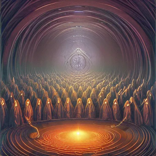 Prompt: a quantum computer, surrounded by a dark cabal of hooded elven mystics with long robes gathered in a circular formation, michael whelan art, dan seagrave art