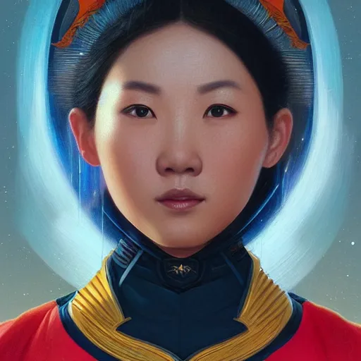 Prompt: portrait of a chinese woman in starfleet uniform, tiger, oranges, intricate, elegant, highly detailed, digital painting, artstation, concept art, smooth, sharp focus, illustration, art by artgerm and greg rutkowski and alphonse mucha and william - adolphe bouguereau