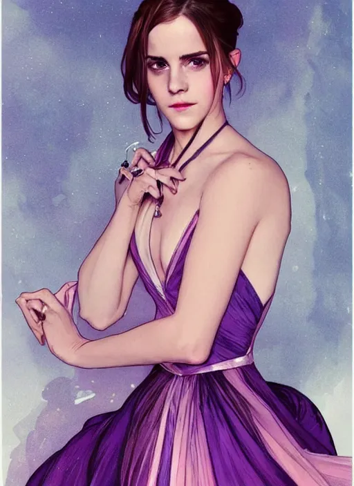 Prompt: emma watson at the yule ball wearing revealing elegant pink and purple dress with flounces. beautiful detailed face. by artgerm and greg rutkowski and alphonse mucha