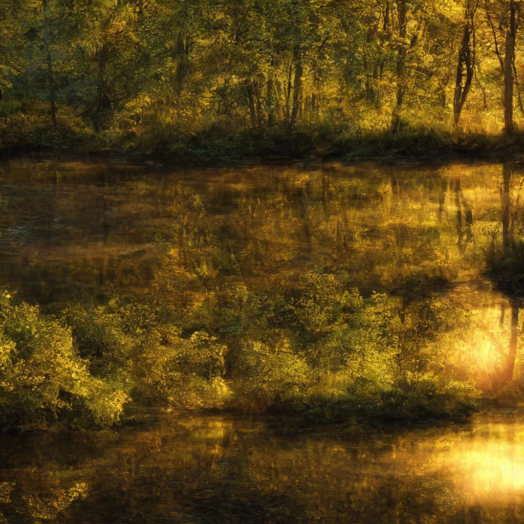 Prompt: river in a forest, golden hour, ray tracing reflection, 8 k, hyper realistic, insainly detailed, hdr, octan render