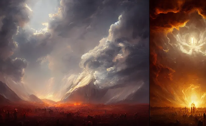 Prompt: A painting of heaven and hell trending on artstation in the style of Greg Rutkowski