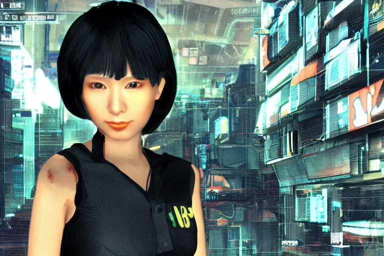 Prompt: Mariya Takeuchi NPC in a cyberpunk FPS game from 2003