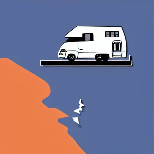 Prompt: minimal vector art sticker of a white and black cute thor chateau! motorhome camper!!, highway, mountains and colorful sunset!!, very very happy, dramatic, warm colors, crisp lines, very minimal vector art, sticker!! by tom whalen