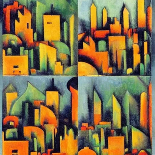 Image similar to forest green funereal by andre lhote. collage. a cityscape. the different colors & shapes represent different parts of the city.