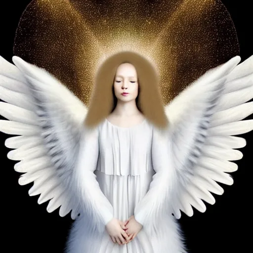 Image similar to highdetailed hyperrealistic painting of white angel!!! no gender!!!, giant ball of miracle light from the chest!!!!!, white sparkles everywhere, 4 k hd fur face!!!, big wings, by jan van eyck, holography space, glow effect, large strokes, white monochrome color!!!!!