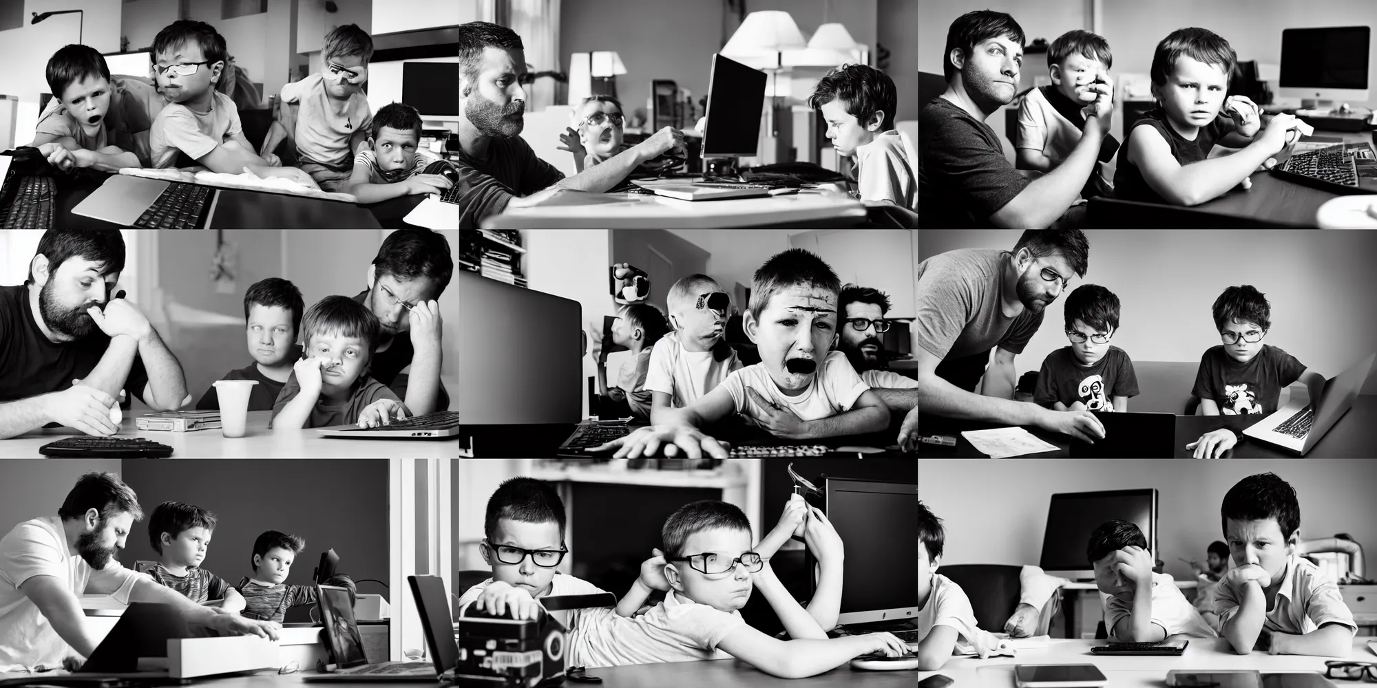 Prompt: hangover man behind computer and kid staying near the man. black and white photo, high detail, perfect faces