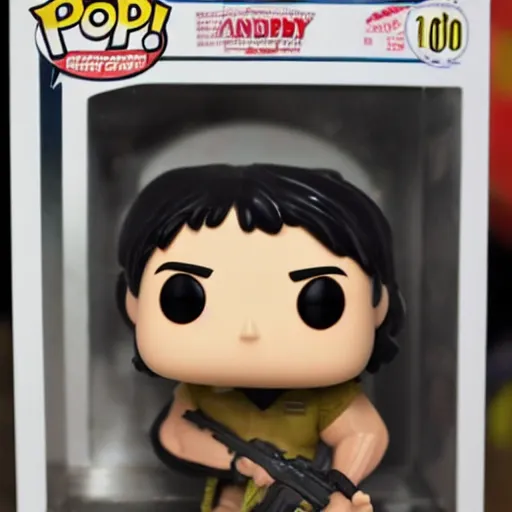 Image similar to a Funko Pop collectible of Rambo. headband. holding in one handautomatic rifle