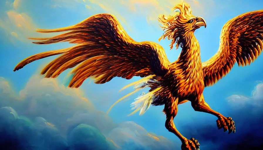 Prompt: highly detailed oil painting of a majestic griffin in flight, thick paint and visible brush strokes, 4 k resolution