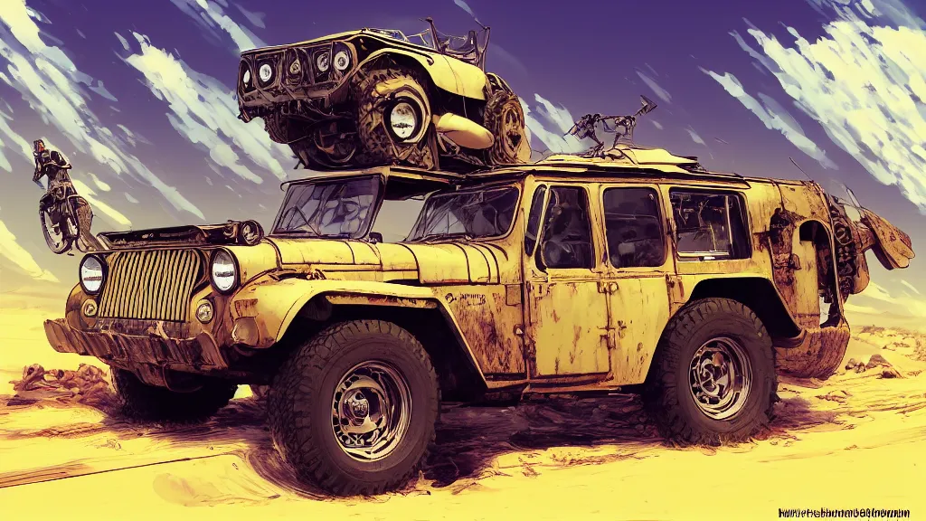 Image similar to digital illustration of mad max's fj 4 0 pursuit special riding fury road eternal shiny and chrome, the last v 8 interceptor driving down to the gates of valhalla highway in the middle of the day, anime style, year 2 0 9 3, by makoto shinkai, ilya kuvshinov, lois van baarle, rossdraws, basquiat